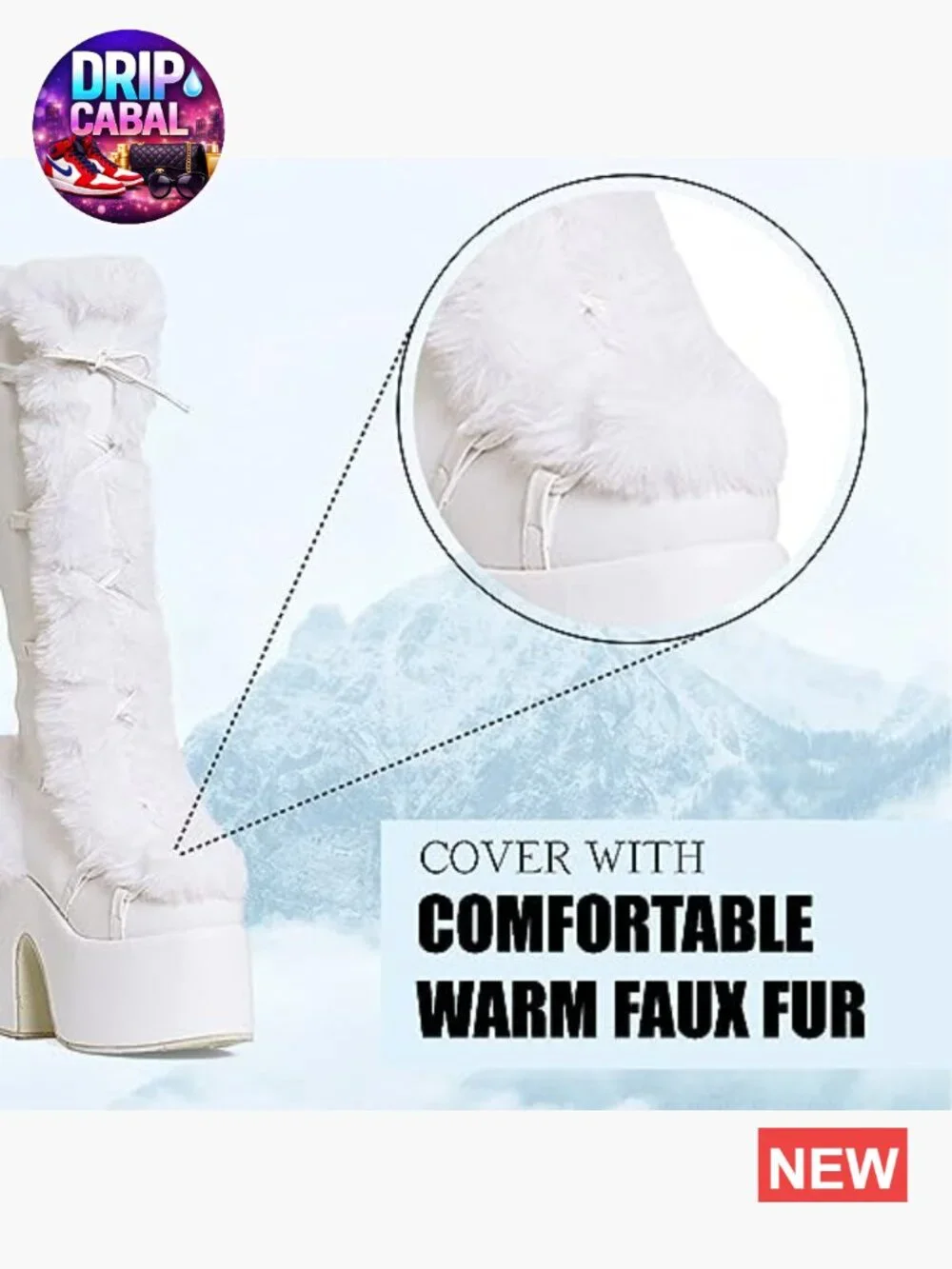 Knee High Boots Side Zipper Faux Fur Platform Chunky Heel Punk Goth Winter Snow